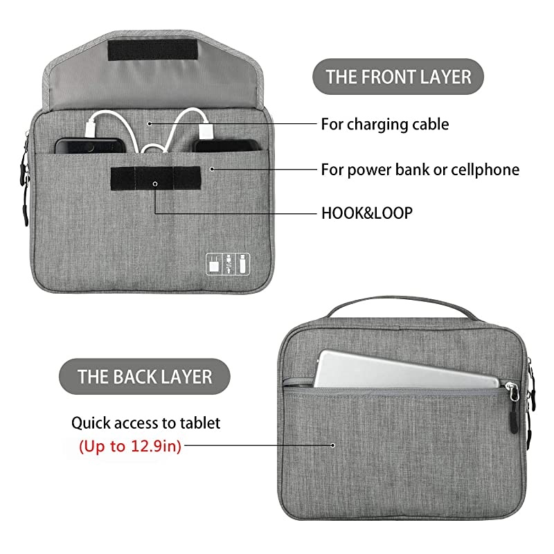 Electronics Organizer,  Electronic Accessories Double Layer Travel Cable Organizer Cord Storage Bag for Cables, iPad (Up to 12.9''), Power Bank, USB Flash Drive and More-Large (Gray)