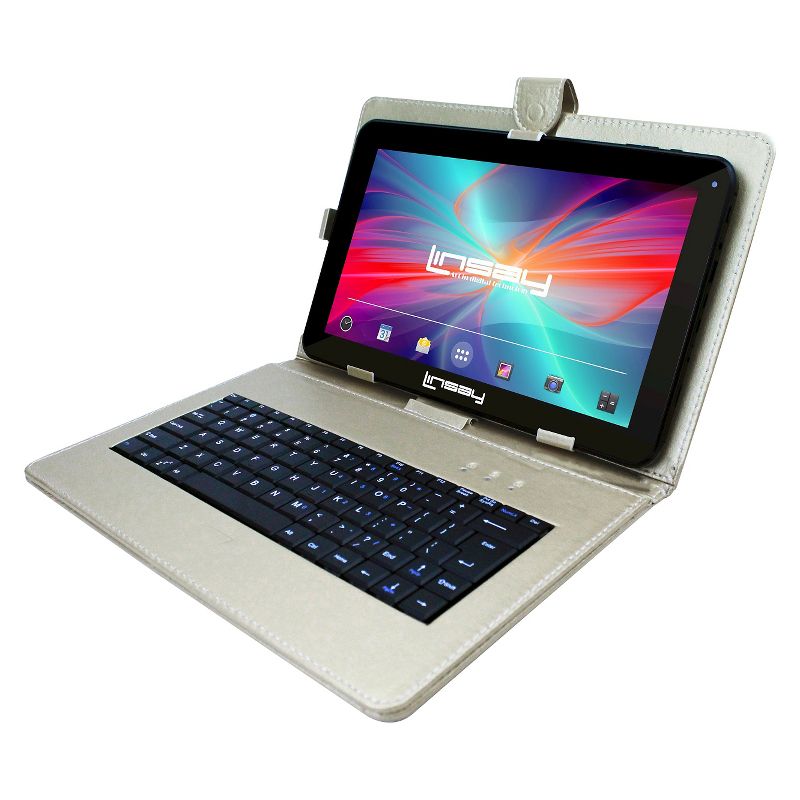 LINSAY 10.1" Quad Core Tablet with Silver Keyboard Case 32GB