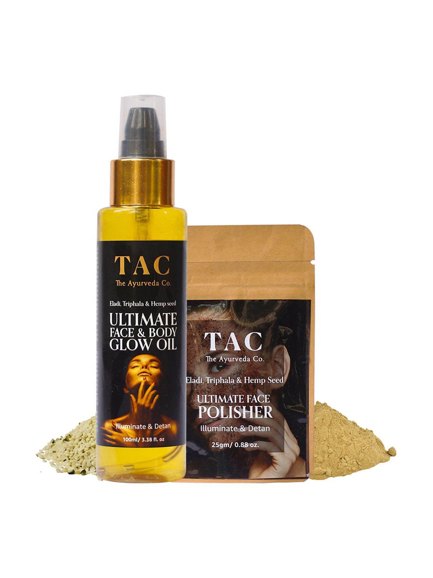 TAC - The Ayurveda Co. Eladi, Triphla, Hemp Seed Face Polish Scrub & Face & Body Oil