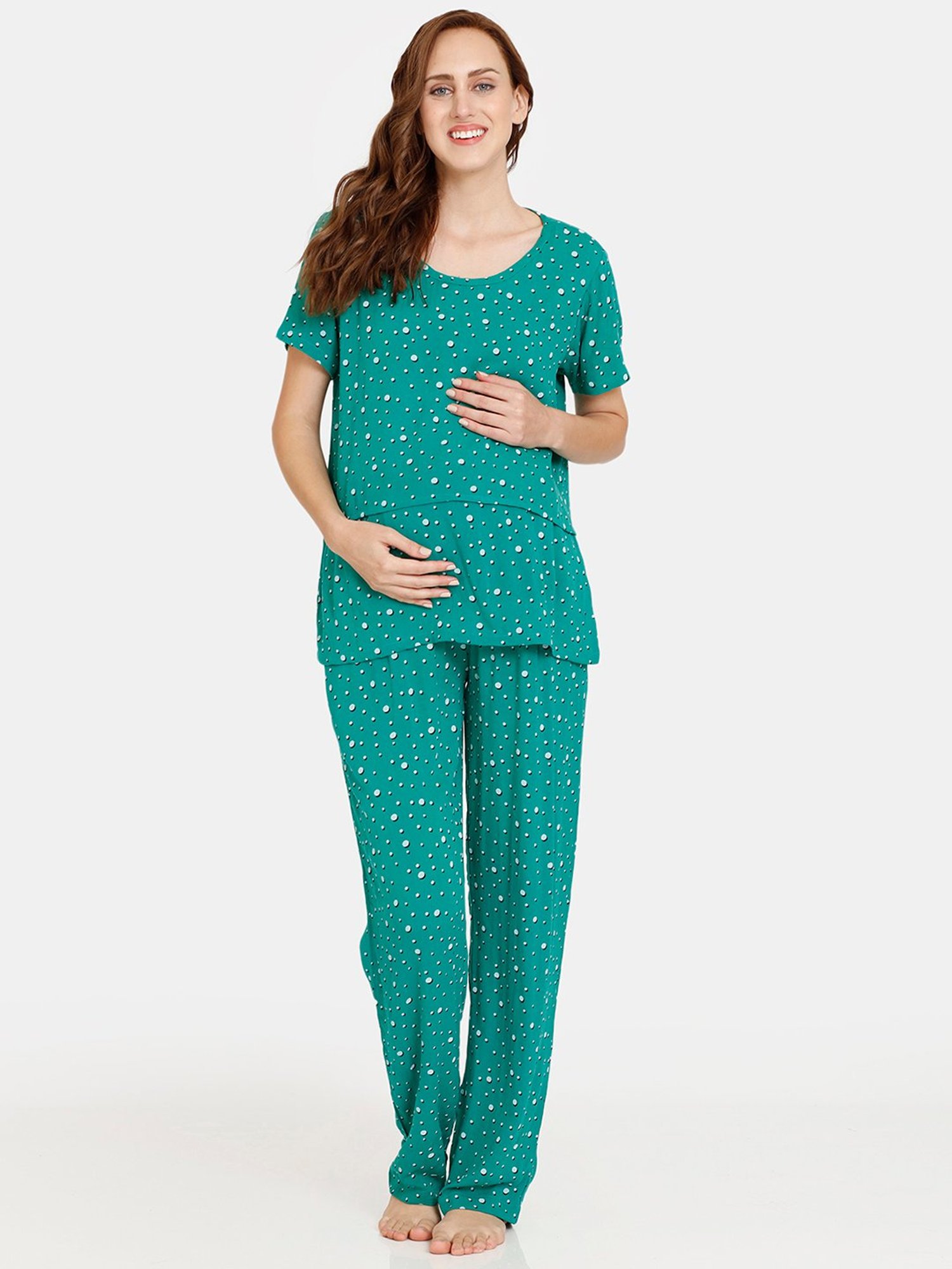 Coucou by Zivame Green Printed Maternity Top With Pyjamas