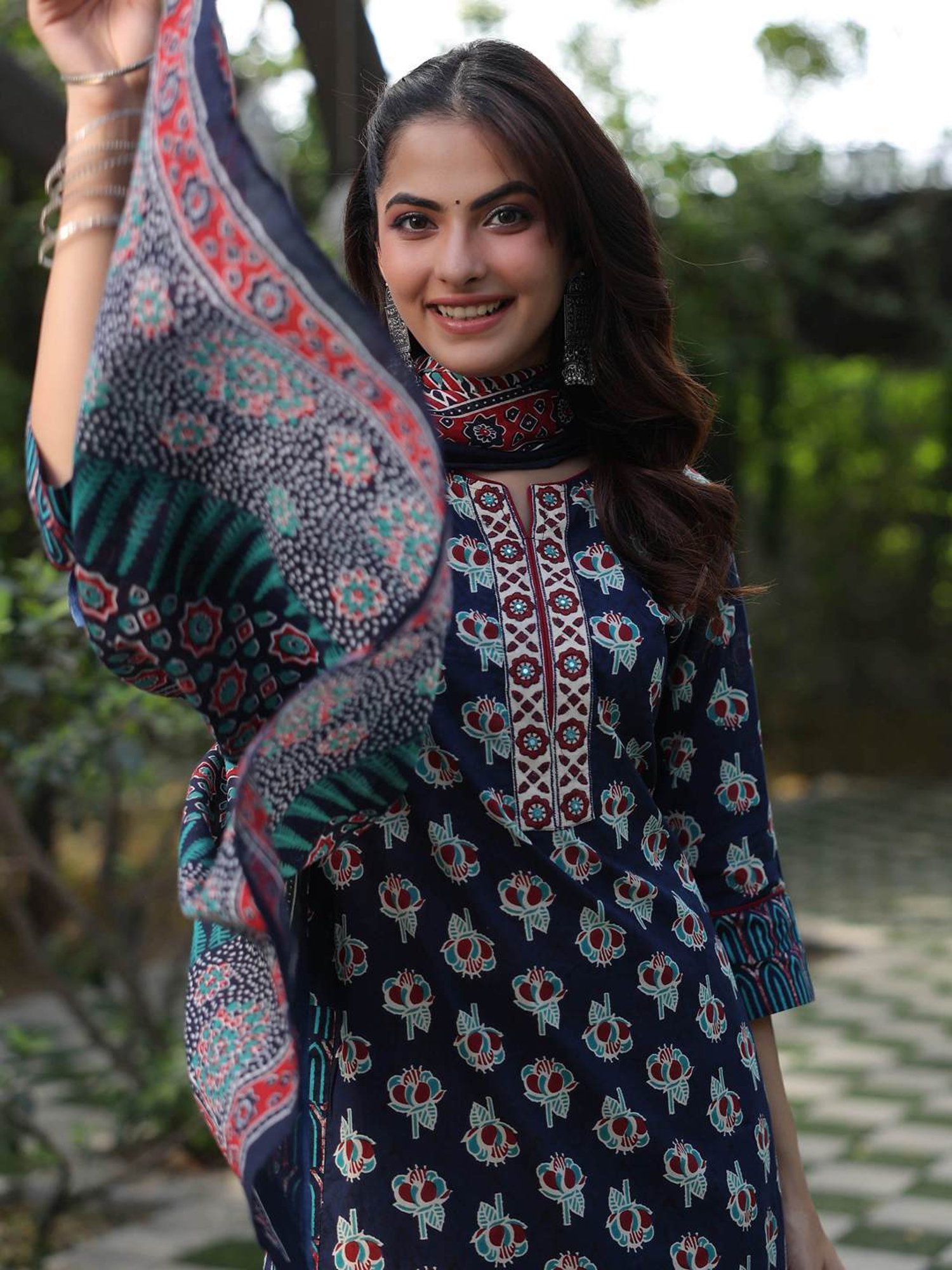 Rain and Rainbow Blue Cotton Embroidered Kurta & Pant Set With Dupatta