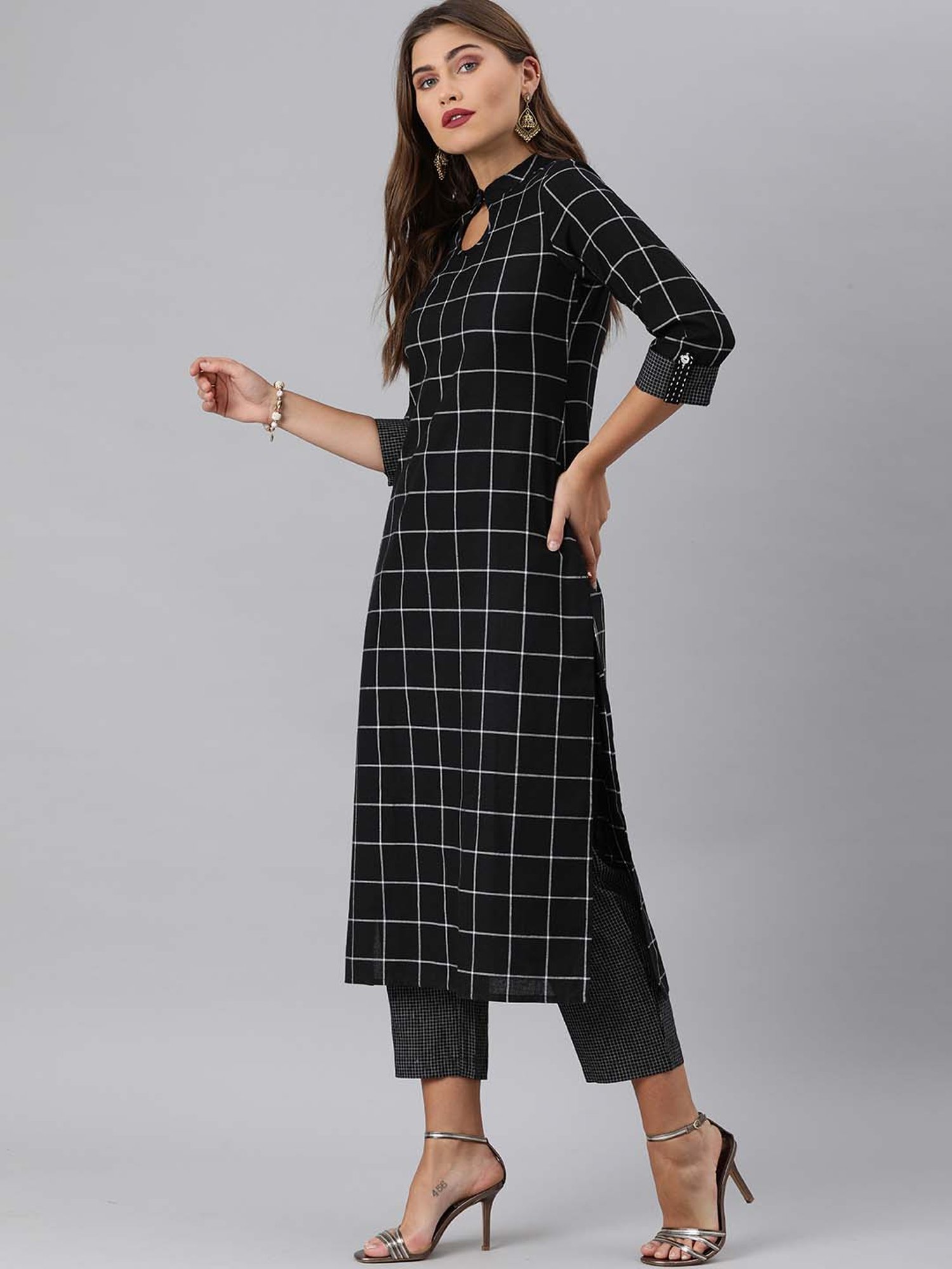 KSUT Black Chequered Kurta Pant Set