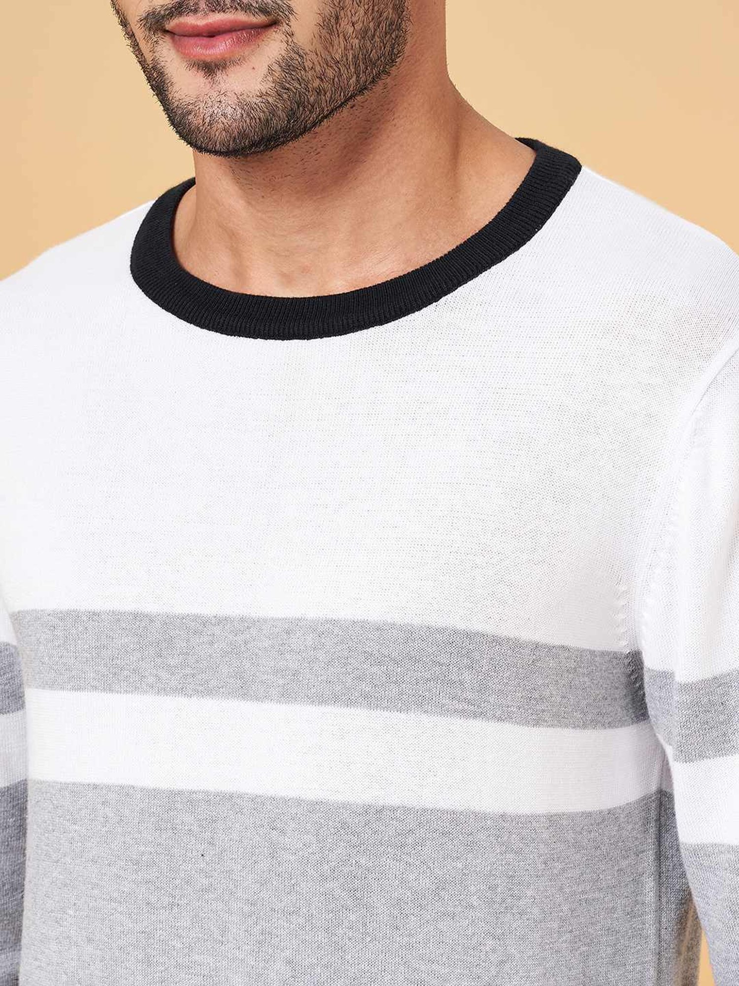 Byford by Pantaloons Black & White Cotton Slim Fit Colour Block Sweater