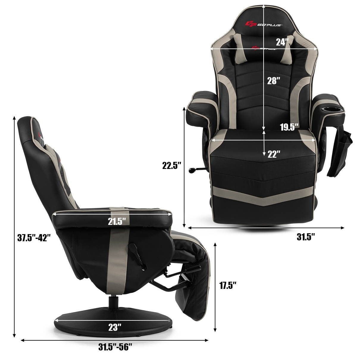 Goplus Massage Gaming Recliner Reclining Racing Chair Swivel Gray