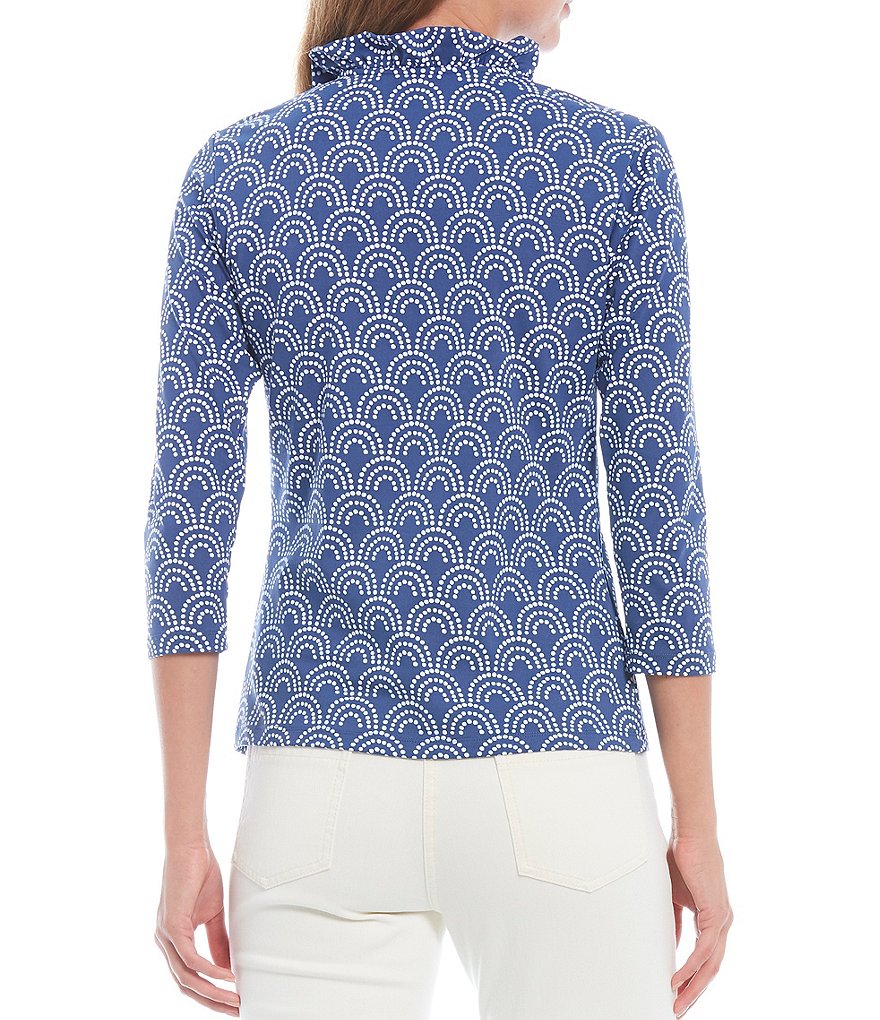 J.McLaughlin Durham Half Crescent Print Knit 3/4 Sleeve Ruffle Neck Top