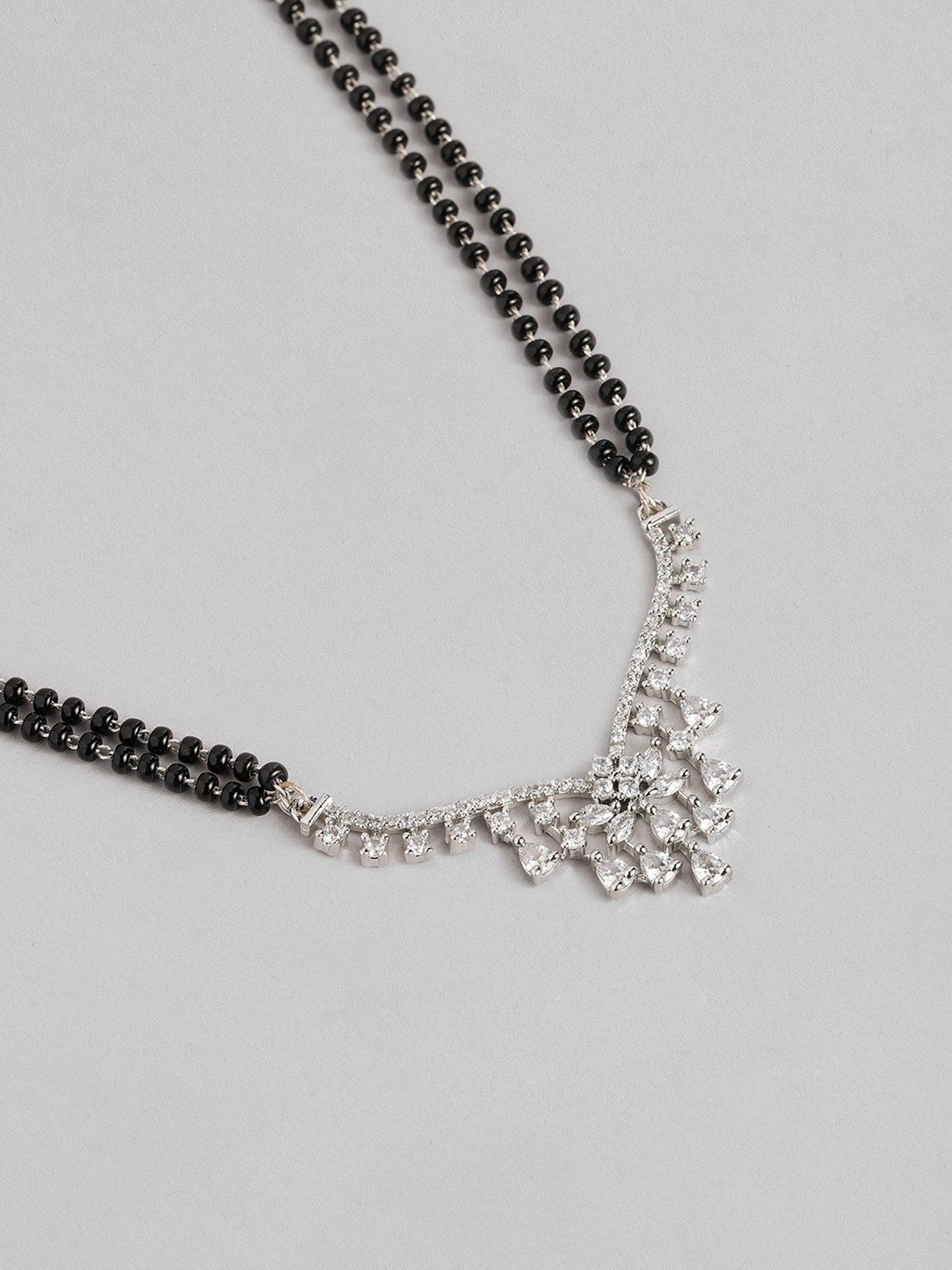 Abdesigns Silver-Plated American Diamond & Black Beaded Mangalsutra