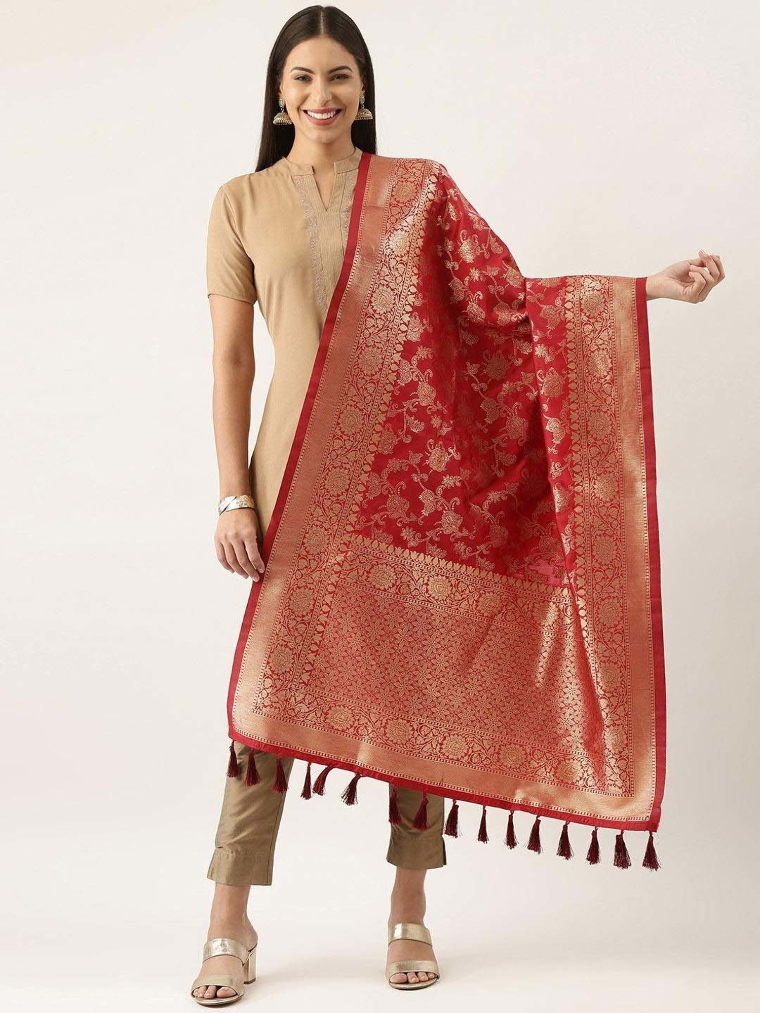 Silk Land Red Woven Pattern Dupatta