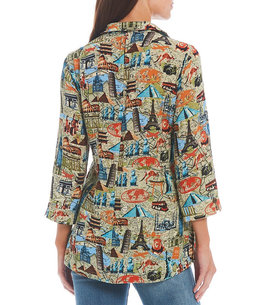 John Mark 3/4 Sleeve Wire Point Collar Neck Crinkle Novelty Print Pocket Tunic