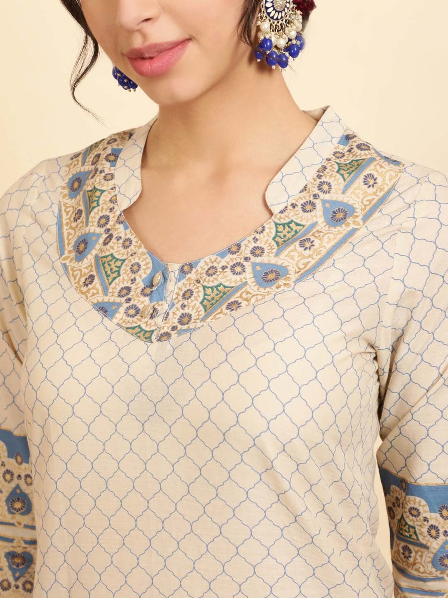 Jaipur Kurti Blue & Beige Cotton Printed Kurta With Pant & Dupatta