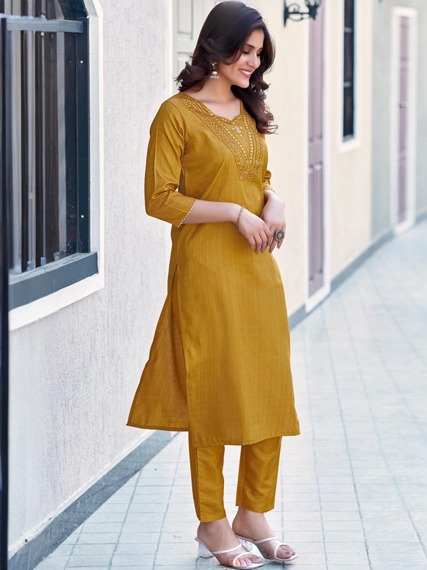 Skylee Mustard Embroidered Kurta Pant Set With Dupatta