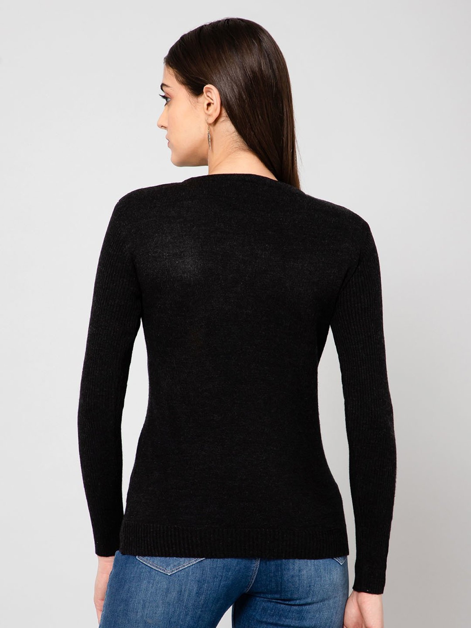 Crozo By Cantabil Black Wool Embellished Pullover