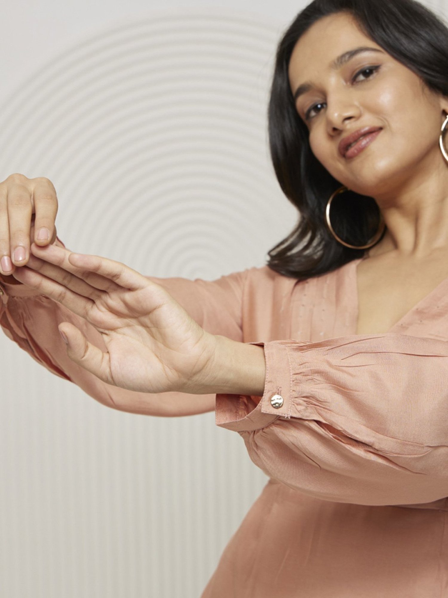 Artagai Salmon Pink Kashida Pleated Fit and Flare Dress with Mukaish Work On Neck