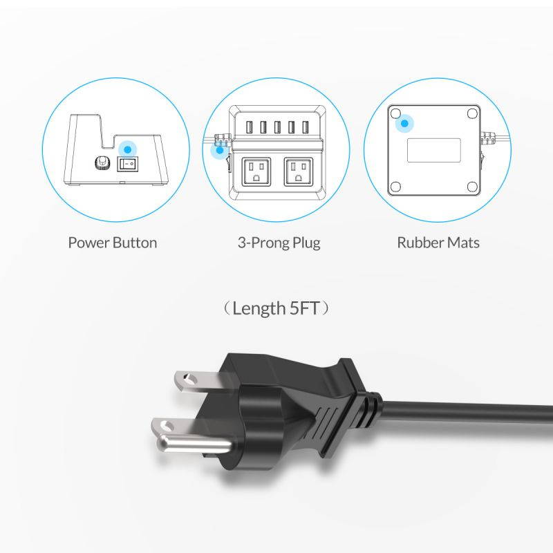ORICO  40W 8A 5 USB Super Charger with 2 x AC Outlet Power Strip Surge Protector with 5 Feet Cord (3 x 5V1A,2 x 5V2.4A) for iPhone 7/7Puls/6S/6S P/5SE/iPad/LG/Samsung/HTC and More - Black (ODC-2A5U)