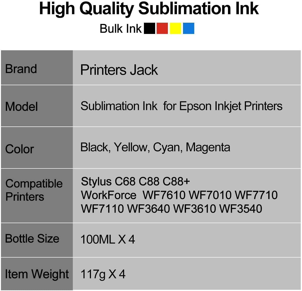 Printers Jack 400ML Sublimation Ink Refill for Epson C88 C88+ WF7710 ET2720 ET15000 WF3640 WF7110 WF7210 WF3610 Inkjet Printers Heat Press Transfer on Mugs, Plates, Polyester Shirts, Phone Cases etc