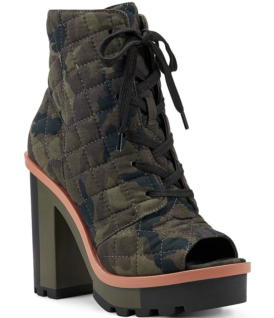 Jessica Simpson Lizzah Quilted Camo Print Peep Toe Platform Block Heel Lug Sole Booties