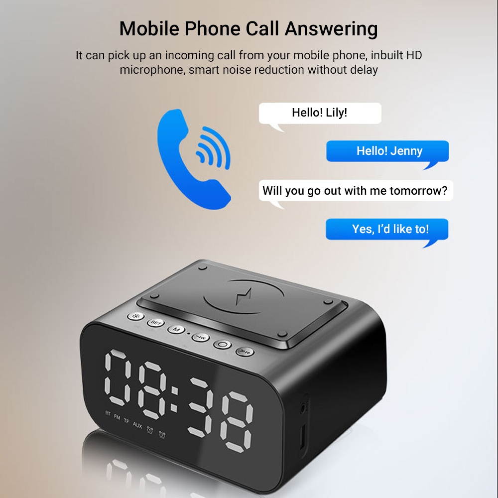 KKmoon BT Speaker LED Digital Clock Multifunctional Sound Box Wireless Charger Desk Clock FM Radio Wireless Charging Device Alarm Clock for Home Office Dormitory