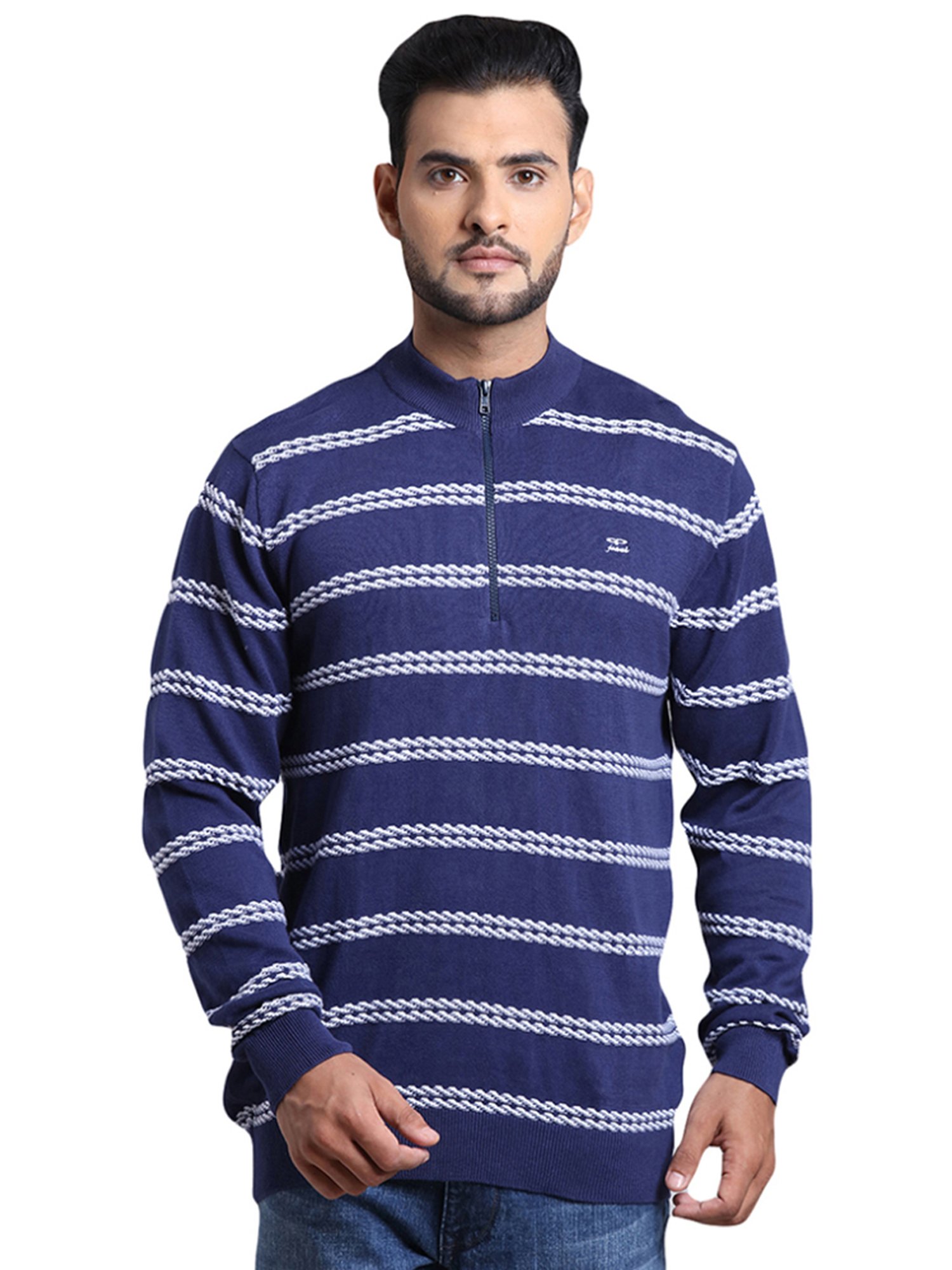 ColorPlus Blue Cotton Tailored Fit Striped Sweater