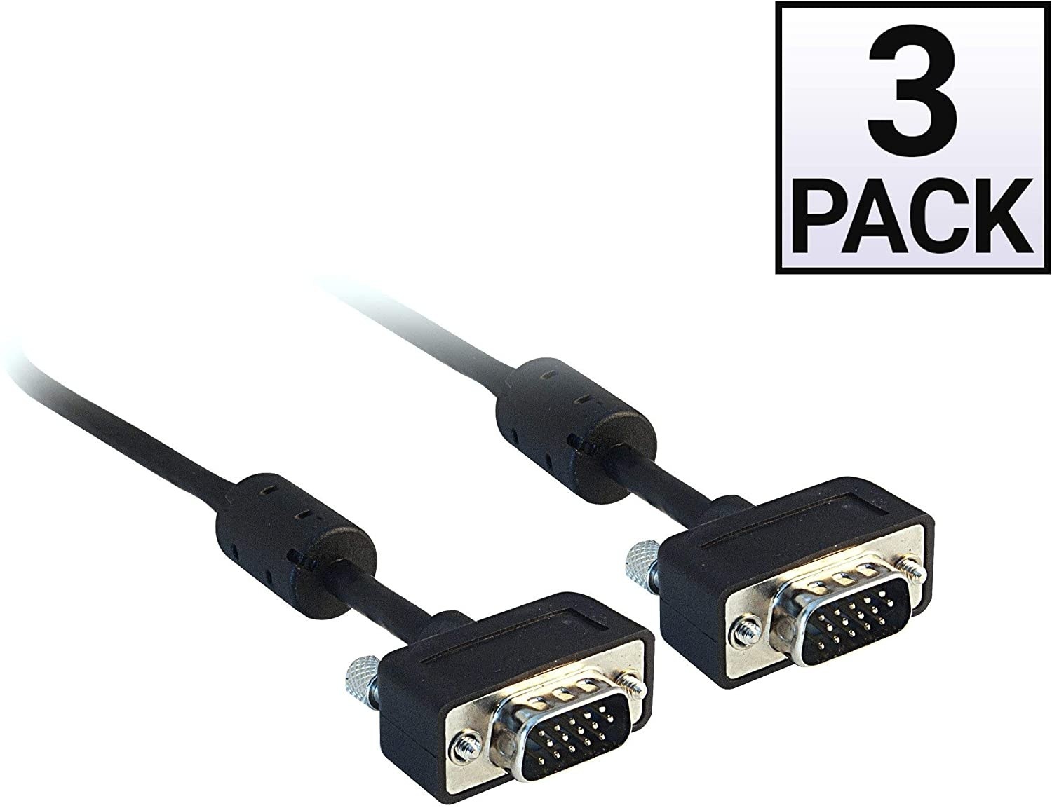 GOWOS (3 Pack) Slim SVGA Cable with Ferrites Black HD15 Male Coaxial Construction 32 AWG 10 Feet