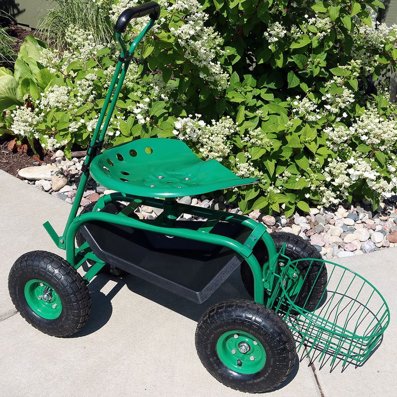 Sunnydaze Outdoor Lawn and Garden Heavy-Duty Steel Rolling Gardening Cart with Extendable Steer Handle, Swivel Chair, Tool Tray, and Basket - Green