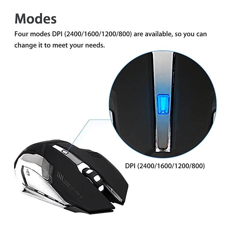 Wireless Optical Gaming Mouse wUSB Receiver 7 Color Changing Wireless Laptop Mouse Rechargeable Game Mice with 4 Adjustable CPI Levels for PC Laptop Computer Gaming Players