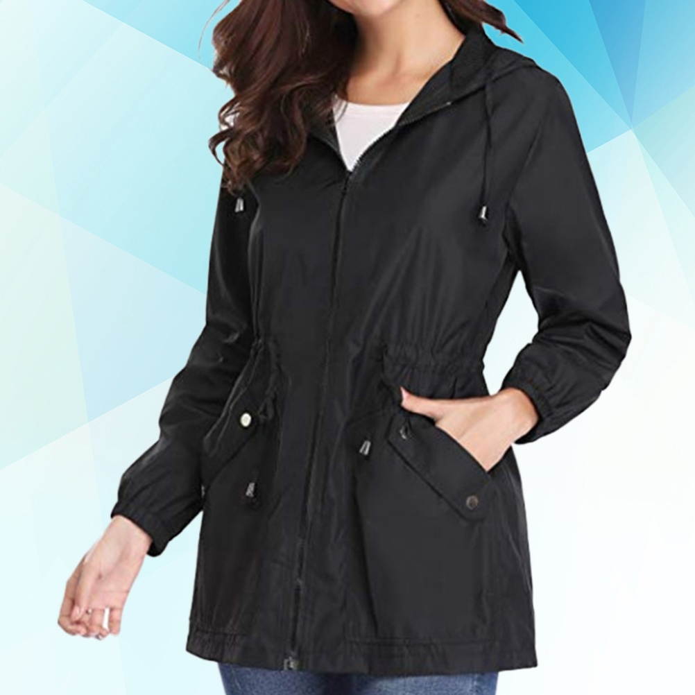 1pc Women Outdoor Hiking Waterproof Raincoat Spring Autumn Pocket Long Sleeve Casual Jackets with Zipper Outwear Coats for Girls Size S(Black)