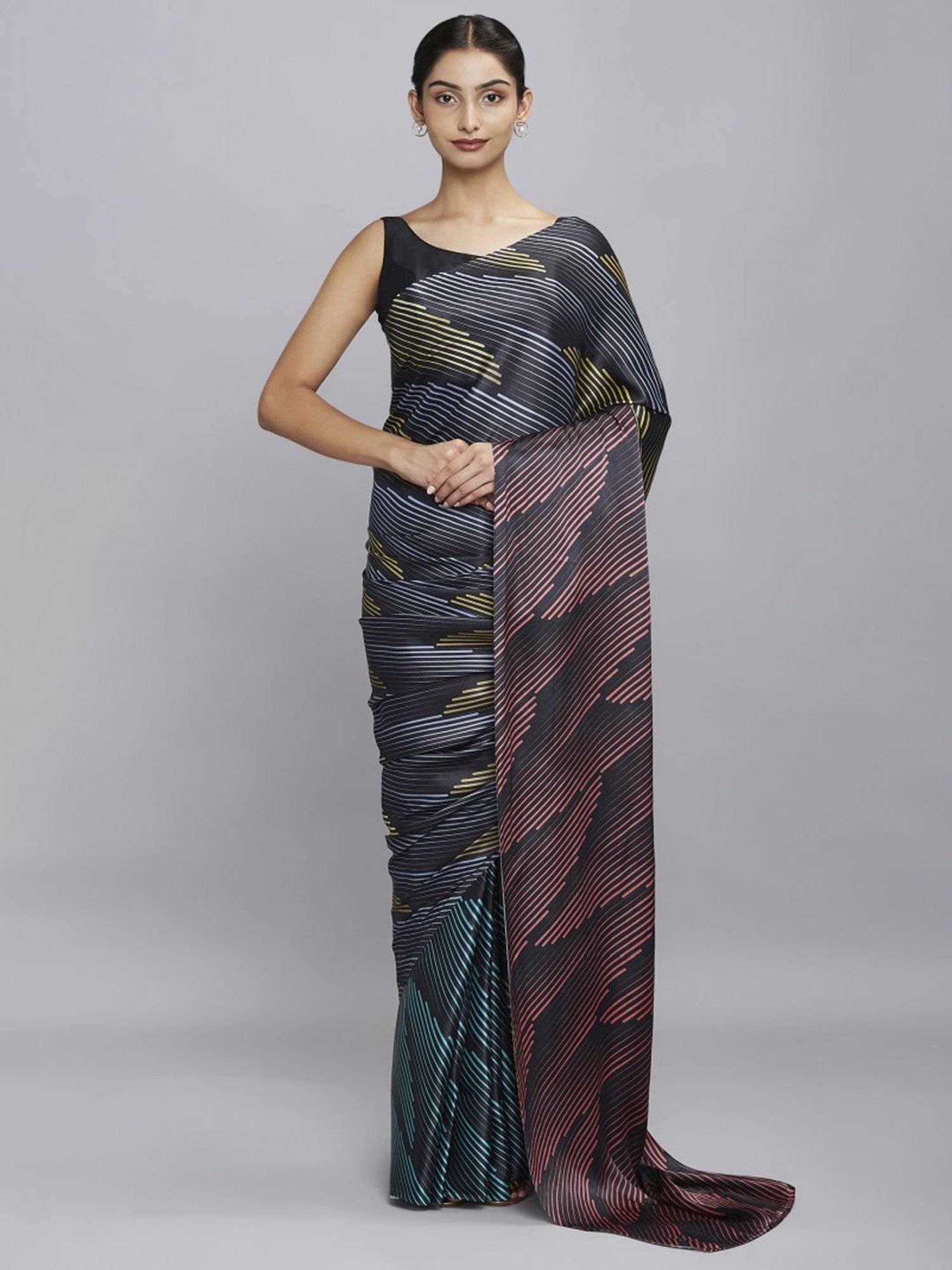 Navyasa Black Liva Satin Geometric Printed Saree With Coordinated Unstitched Blouse Piece