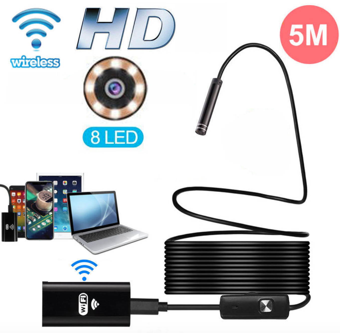 5M 8LED WiFi Borescope Endoscope Snake Inspection Camera for iPhone Android iOS