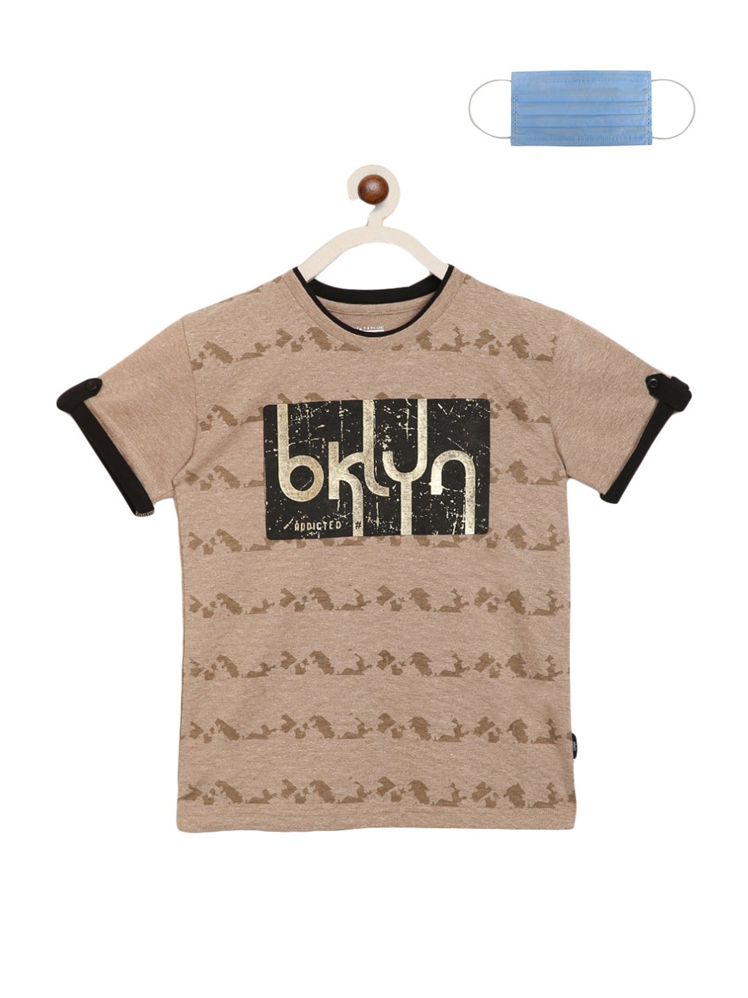 Li'l Tomatoes Kids Khaki Cotton Printed T-Shirt & Mask