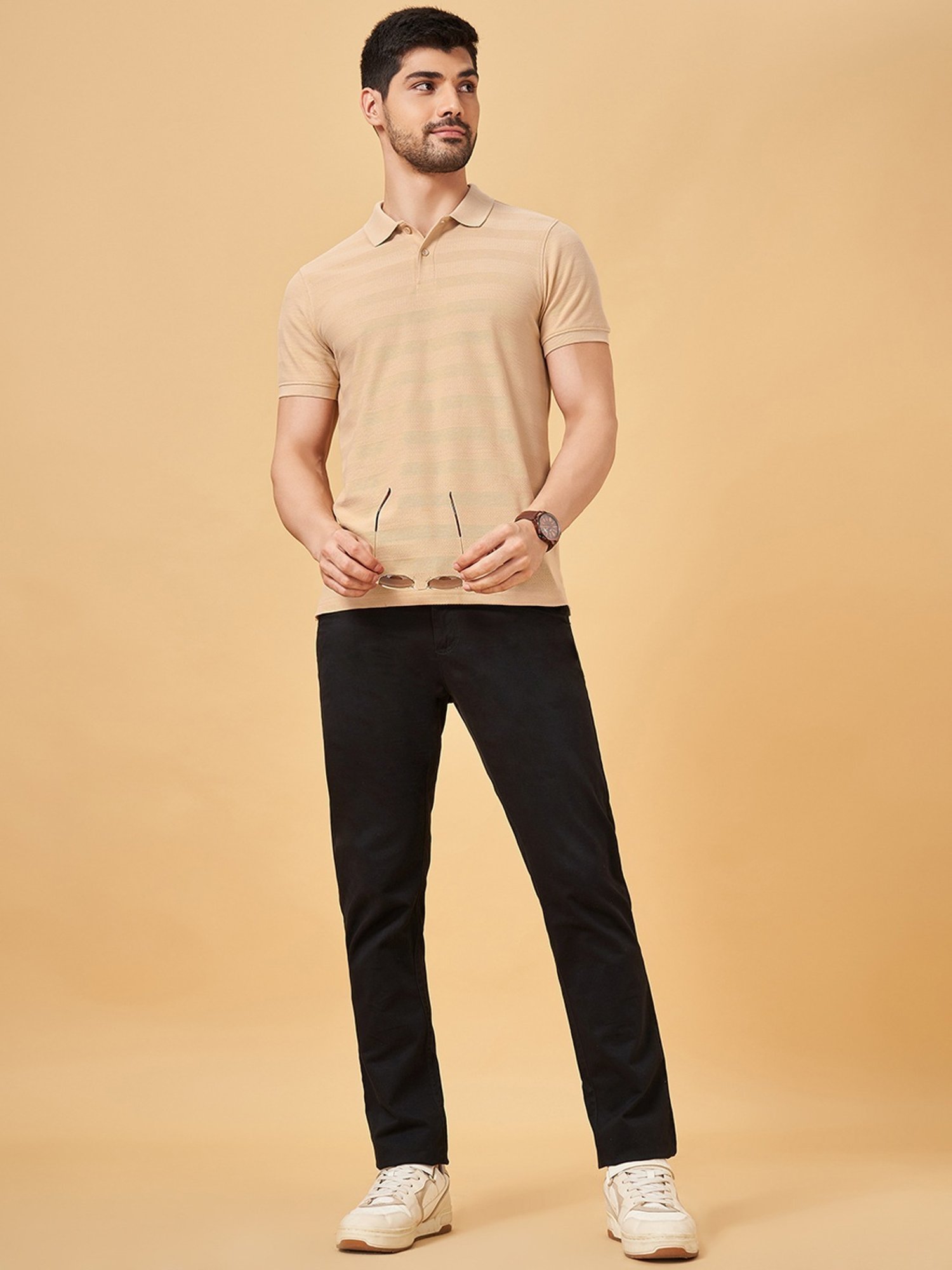 Byford By Pantaloons Peach Slim Fit Self Pattern Polo T-Shirt