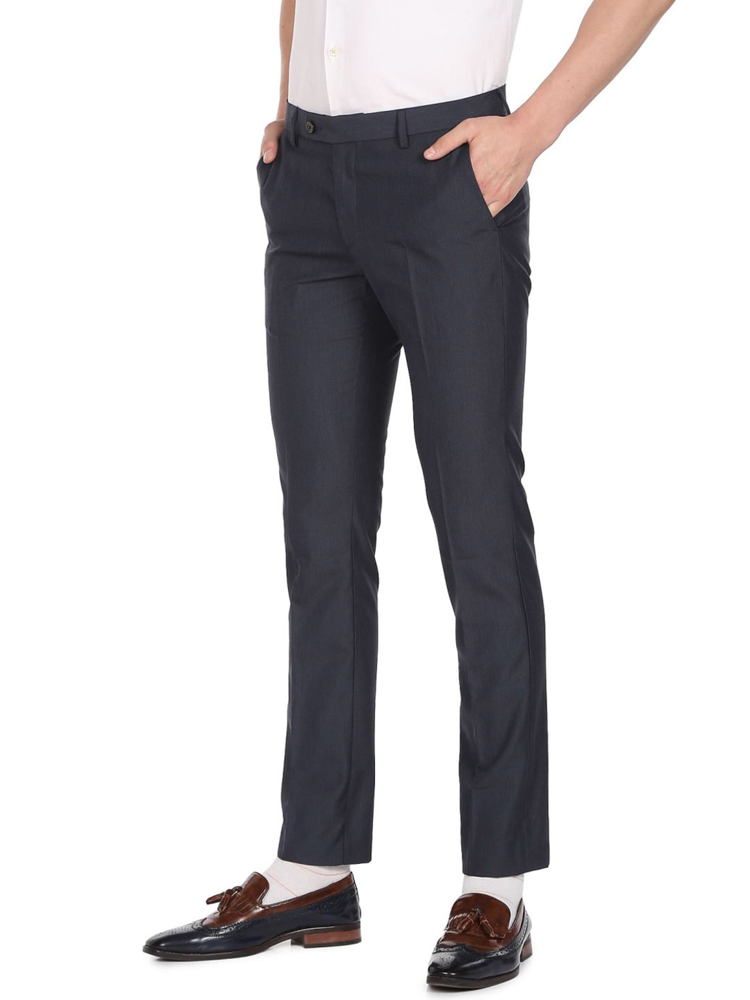 Arrow Navy Blue Regular Fit Self Pattern Trousers