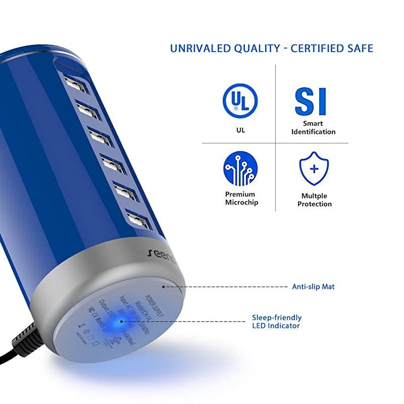 6 Port USB Charging Station  USB Desktop Charger with Smart Identification Blue