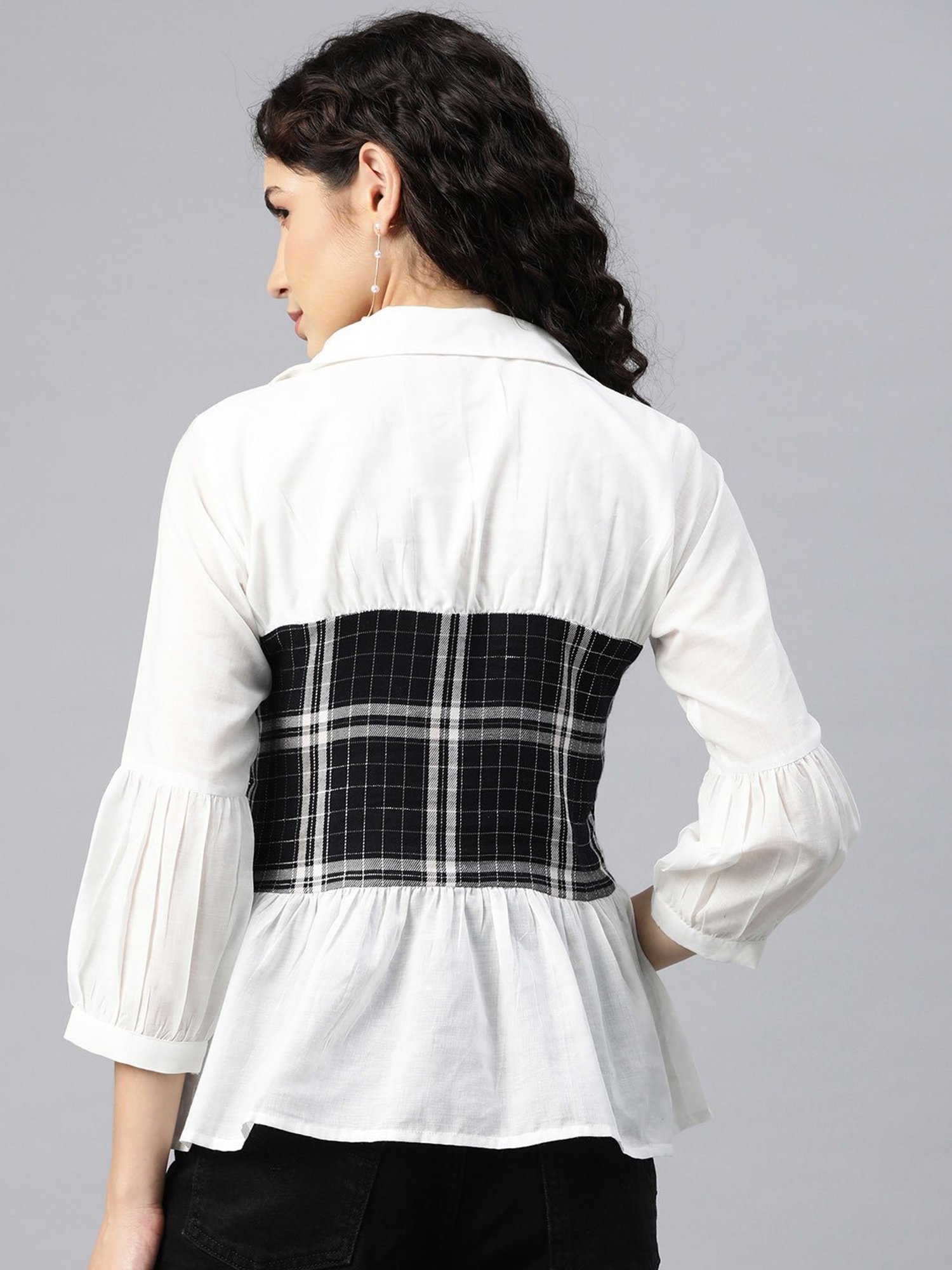 Cottinfab White Cotton Checks Peplum Top