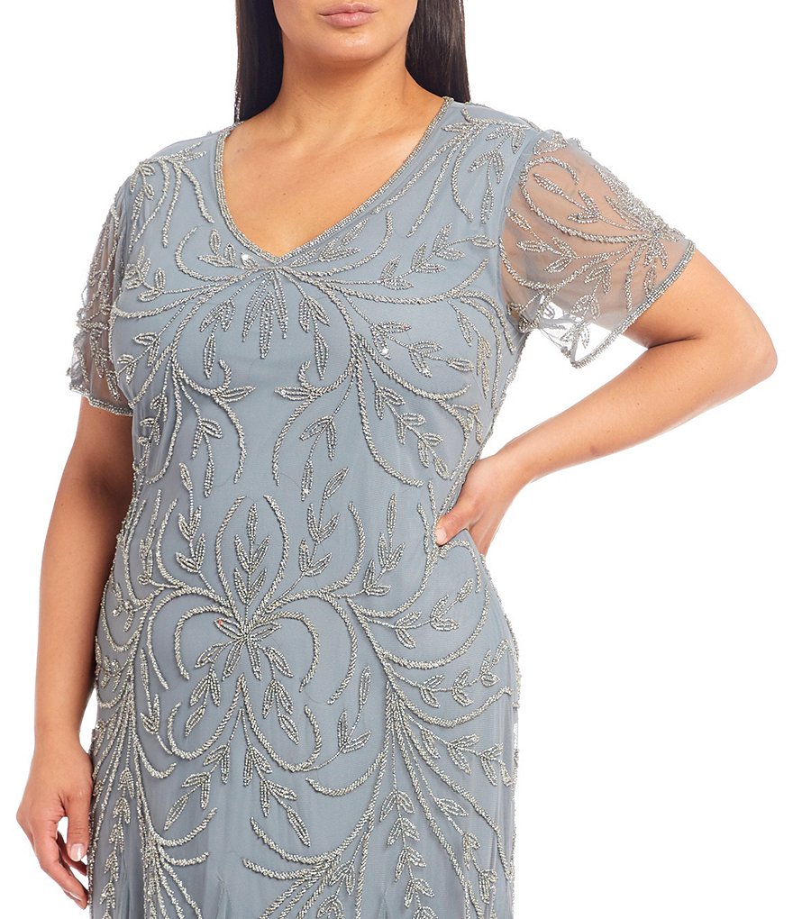 Pisarro Nights Plus Size Beaded V-Neck Short Sleeve Gown