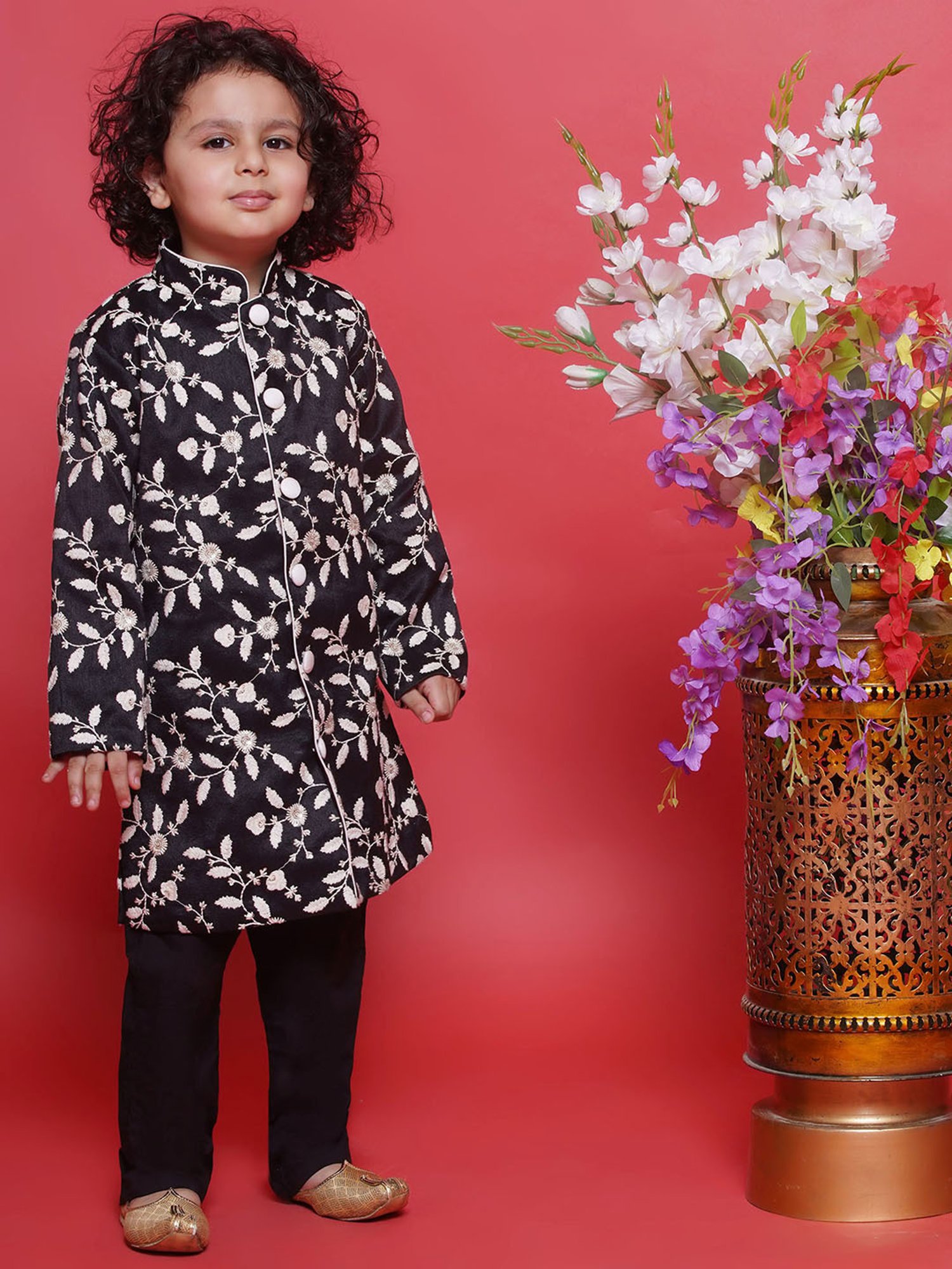Little Bansi Boys Black Embroidered Full Sleeves Sherwani with Pyjamas