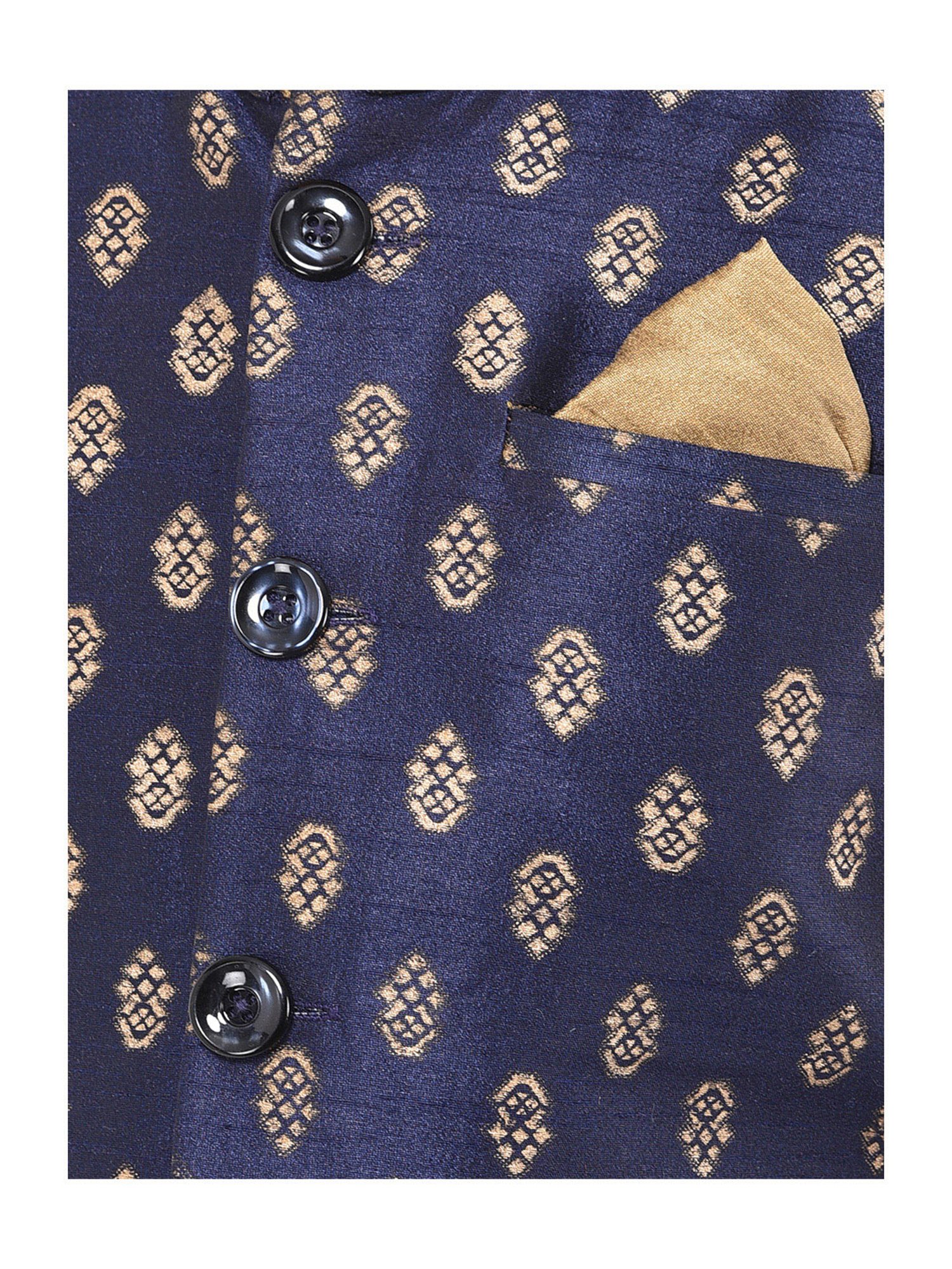 Deyann Kids Brown & Navy Self Design Full Sleeves Kurta, Churidar Pants with Nehru Jacket