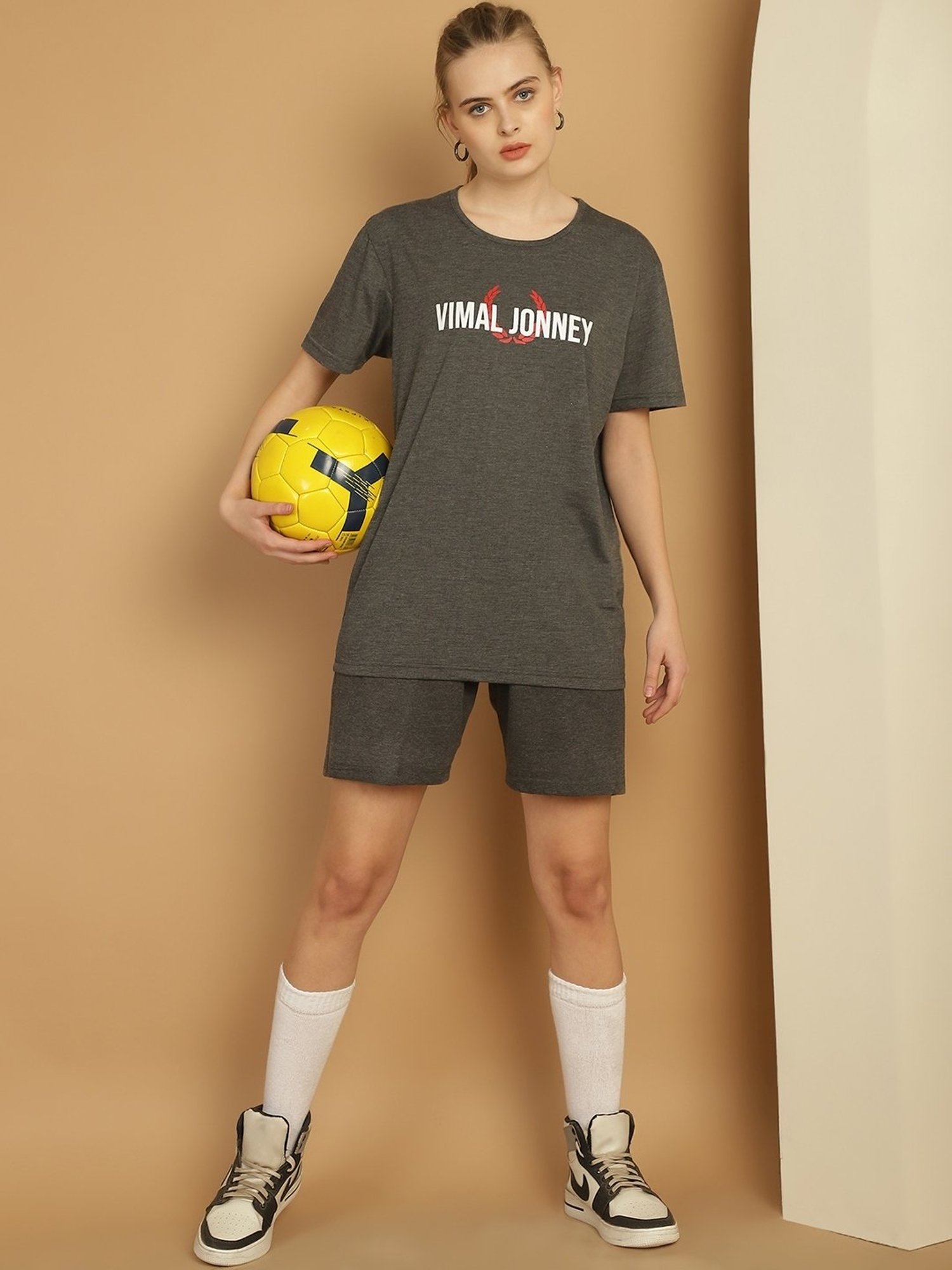 Vimal Jonney Grey Cotton Logo Print T-Shirt & Shorts Set