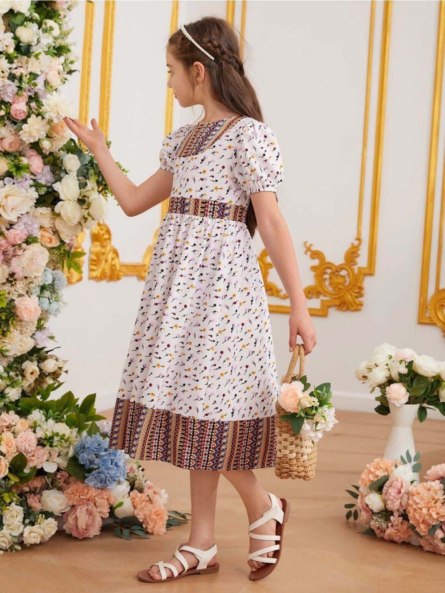 Bolly Lounge Girls White & Brown Floral Dress