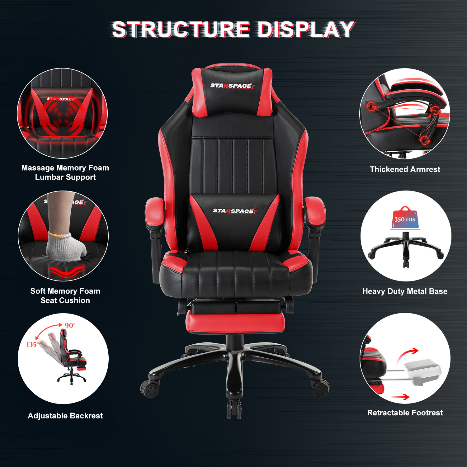 STRASPACE Big & Tall 400lb Memory Foam Reclining Gaming Chair Metal Base - Adjustable Back Angle and Retractable Footrest Ergonomic High-Back Leather Racing Executive Computer Desk Office Chair, Blue