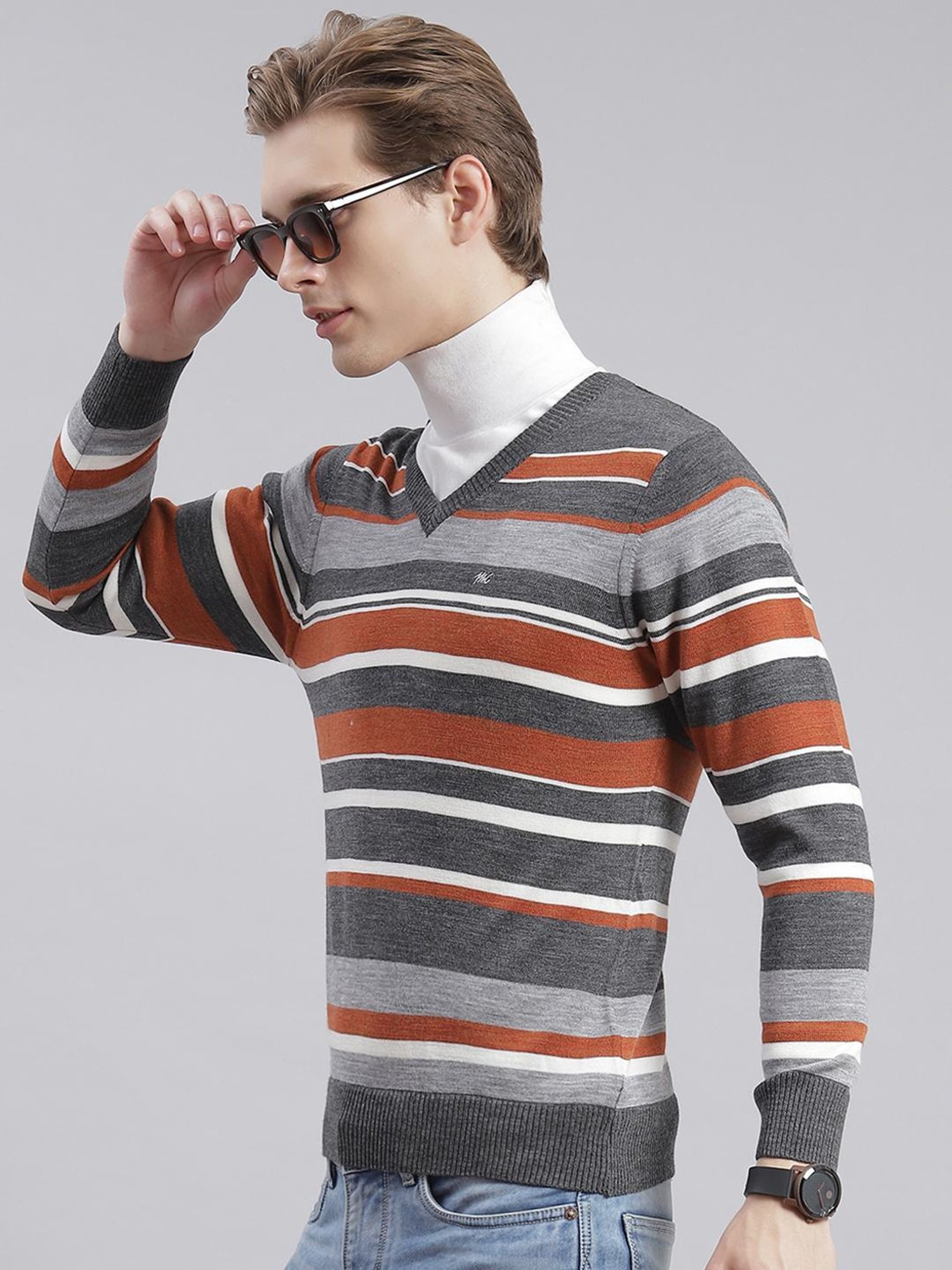 Monte Carlo Mid Grey Regular Fit Striped Sweater