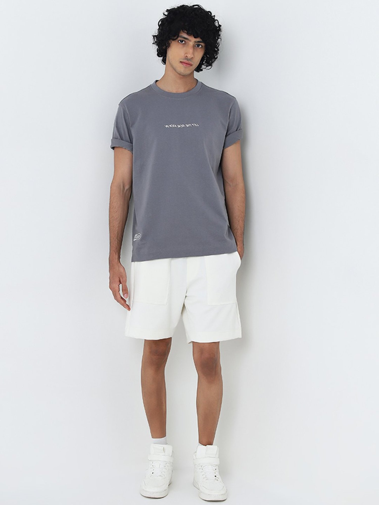 Studiofit by Westside Grey Text Printed Relaxed-Fit Cotton T-Shirt