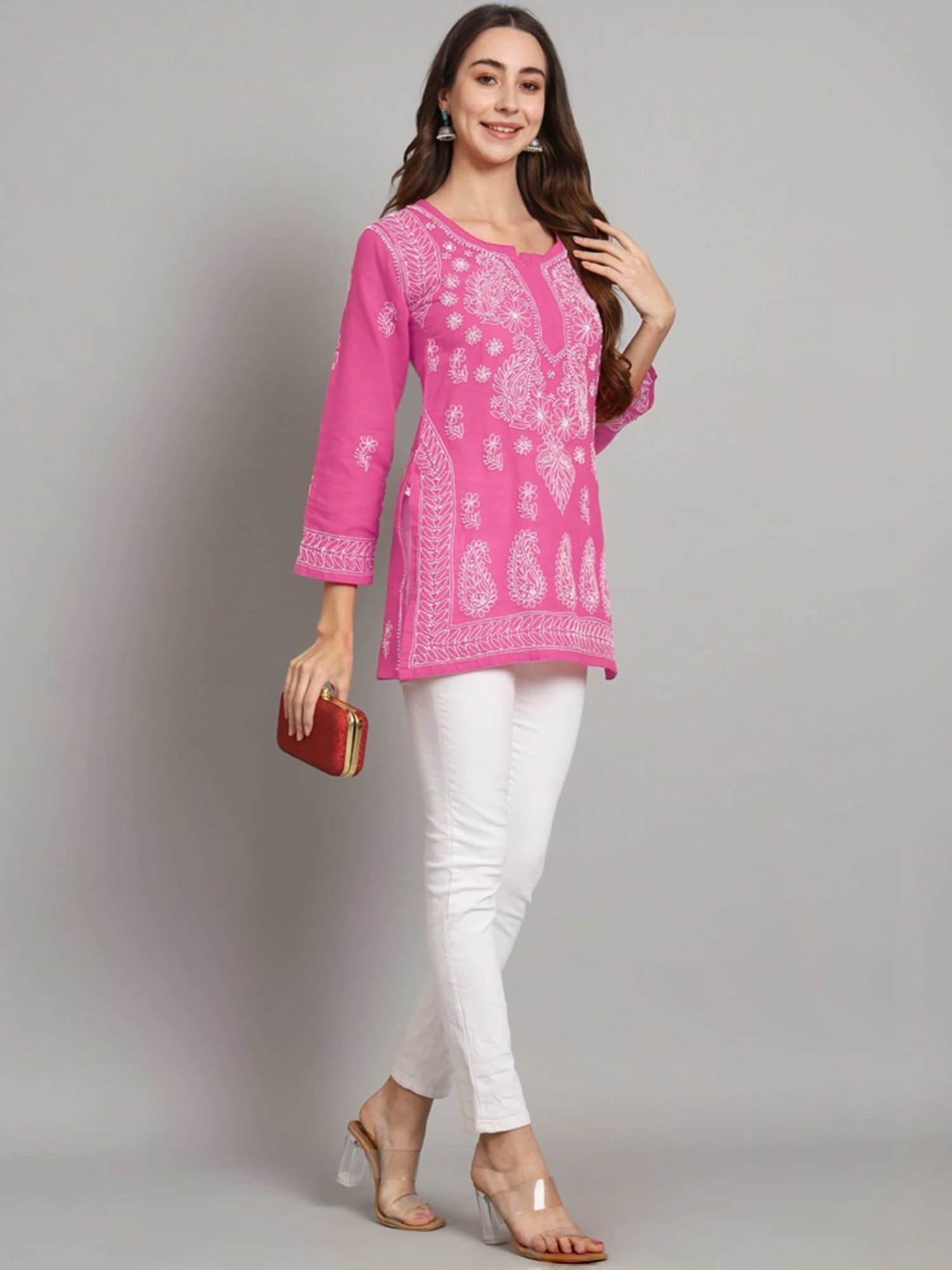 PARAMOUNT CHIKAN Hot Pink Cotton Hand Embroidered Chikankari Straight Kurti