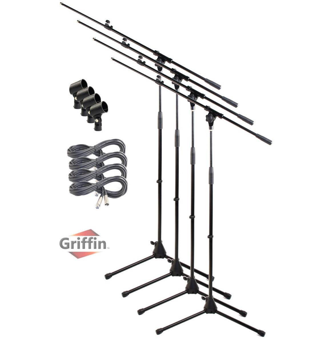 Telescoping Tripod Microphone Boom Stand with XLR Mic Cable & Clip (Pack of 4) by GRIFFIN | Premium Quality for Studio, Karaoke, Recording Studio, Live Performances, Conferences | 20ft Microphone Cord