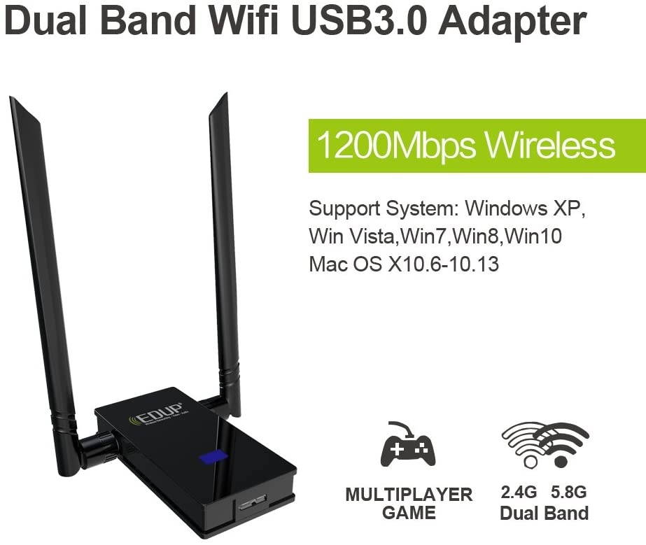 WiFi Adapter, USB 3.0 Wireless Adapter 802.11AC 1200Mbps Dual Band with 2.4G/5.8G 6DBI External Dual Antennas for PC Desktop Mac Windows