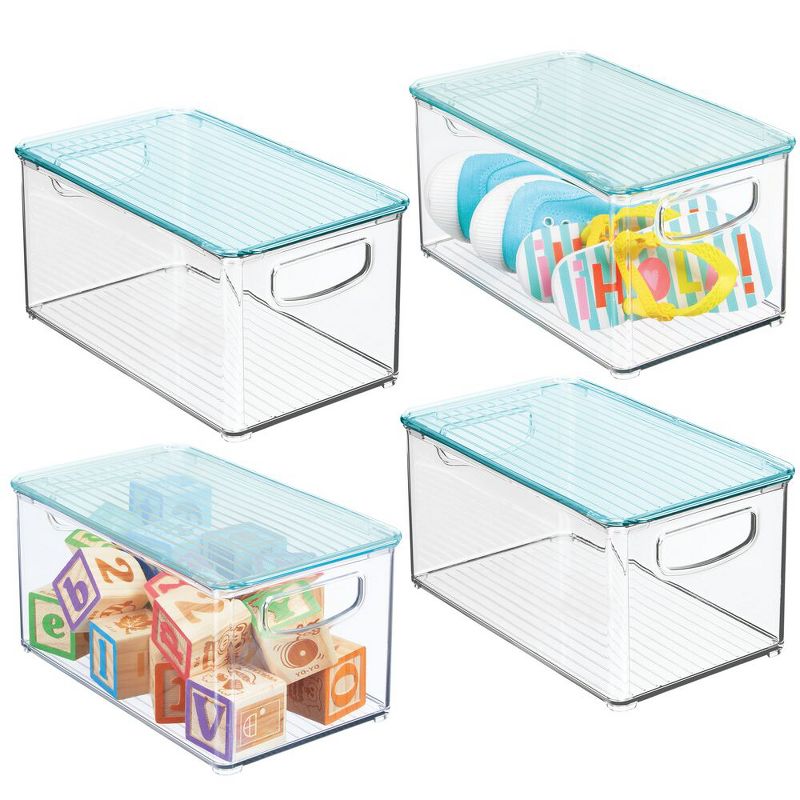 mDesign Plastic Storage Organizer Bin, Lid for Kids Supplies, 4 Pack, Clear/Blue