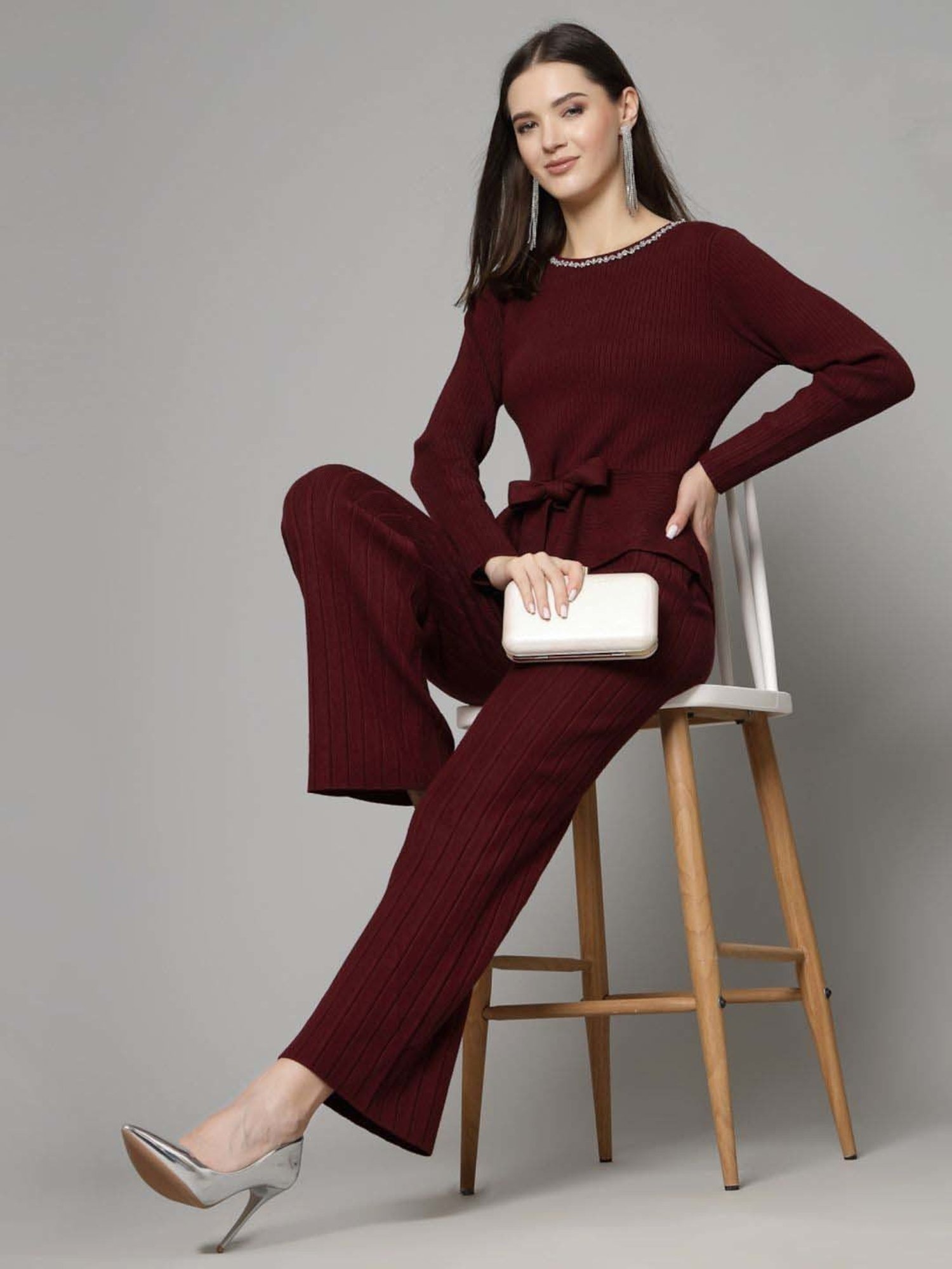 Mafadeny Maroon Embellished Top Pants Set