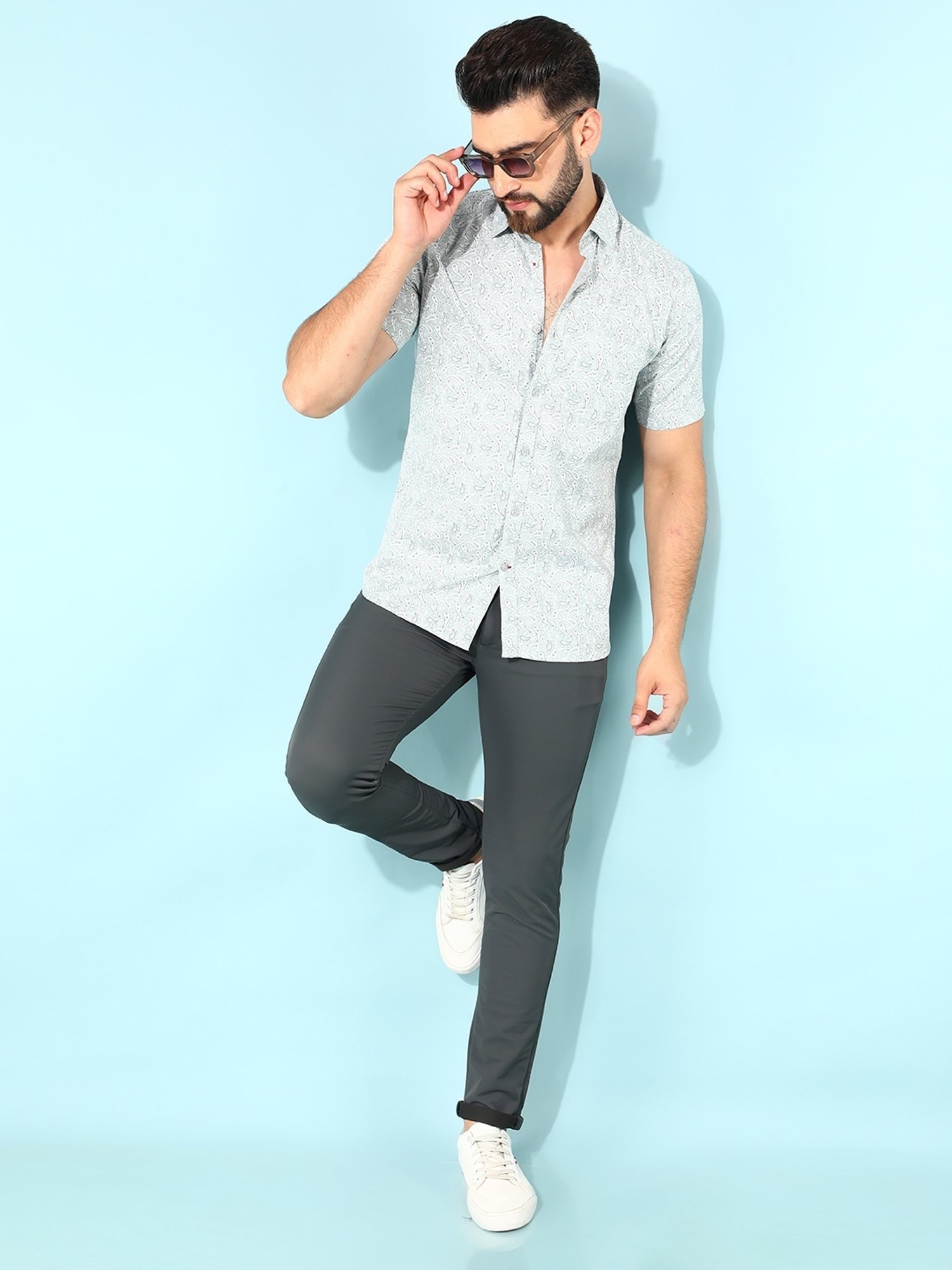 Crimsoune Club Grey Cotton Slim Fit Printed Shirt