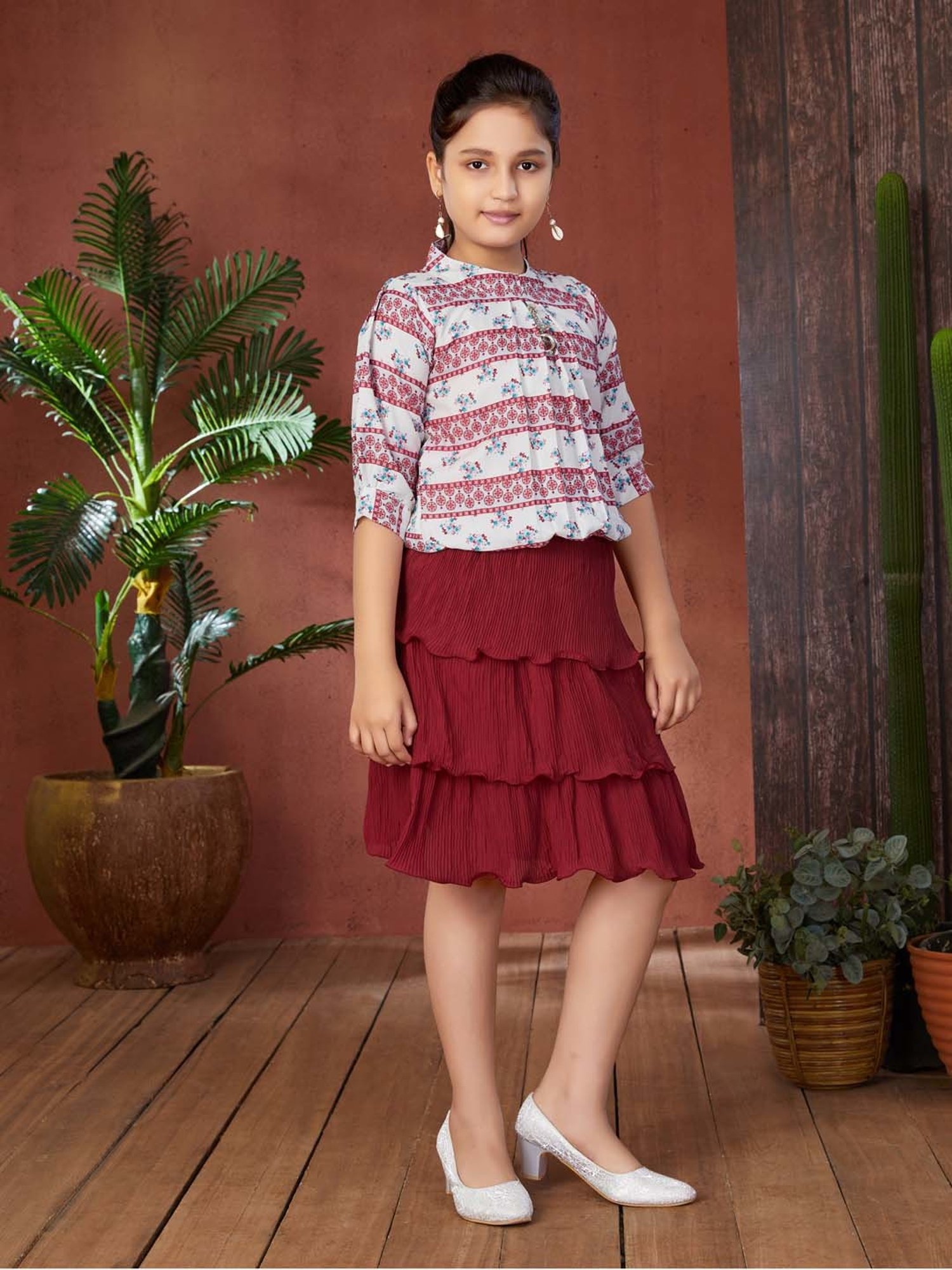 Aarika Girls Off White & Maroon Printed Top with Skirt