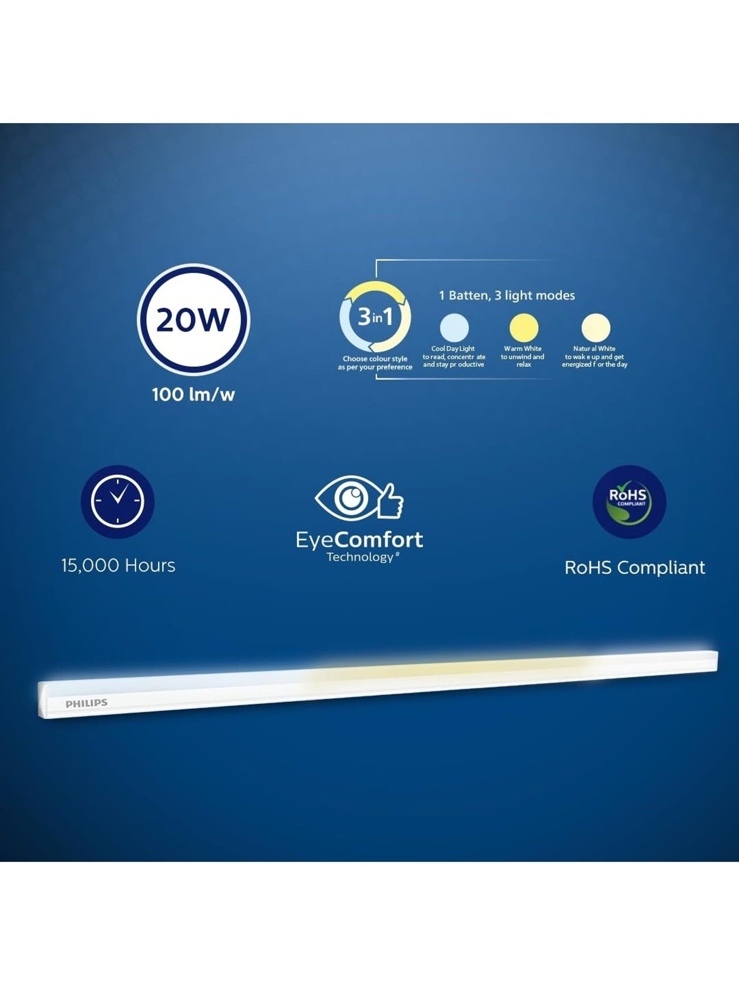 Philips Compact 4ft 20-Watt LED Tubelight with 3 Colors (Tunable White)