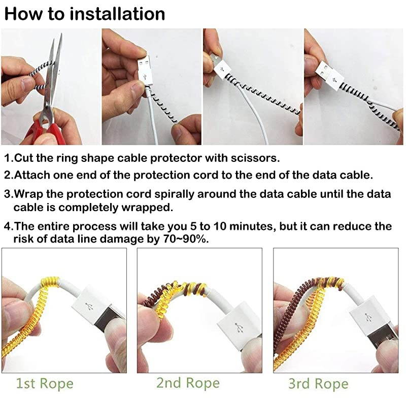 Cable Protector Wire Repair Pet Cord Protector Headphone Saver 8 Pc Spiral Cable Strain Relief Cable Wrap Tube Charger Cord Sleeve for iPhone Mac Lightning Cable USB Date Cable39ftpc