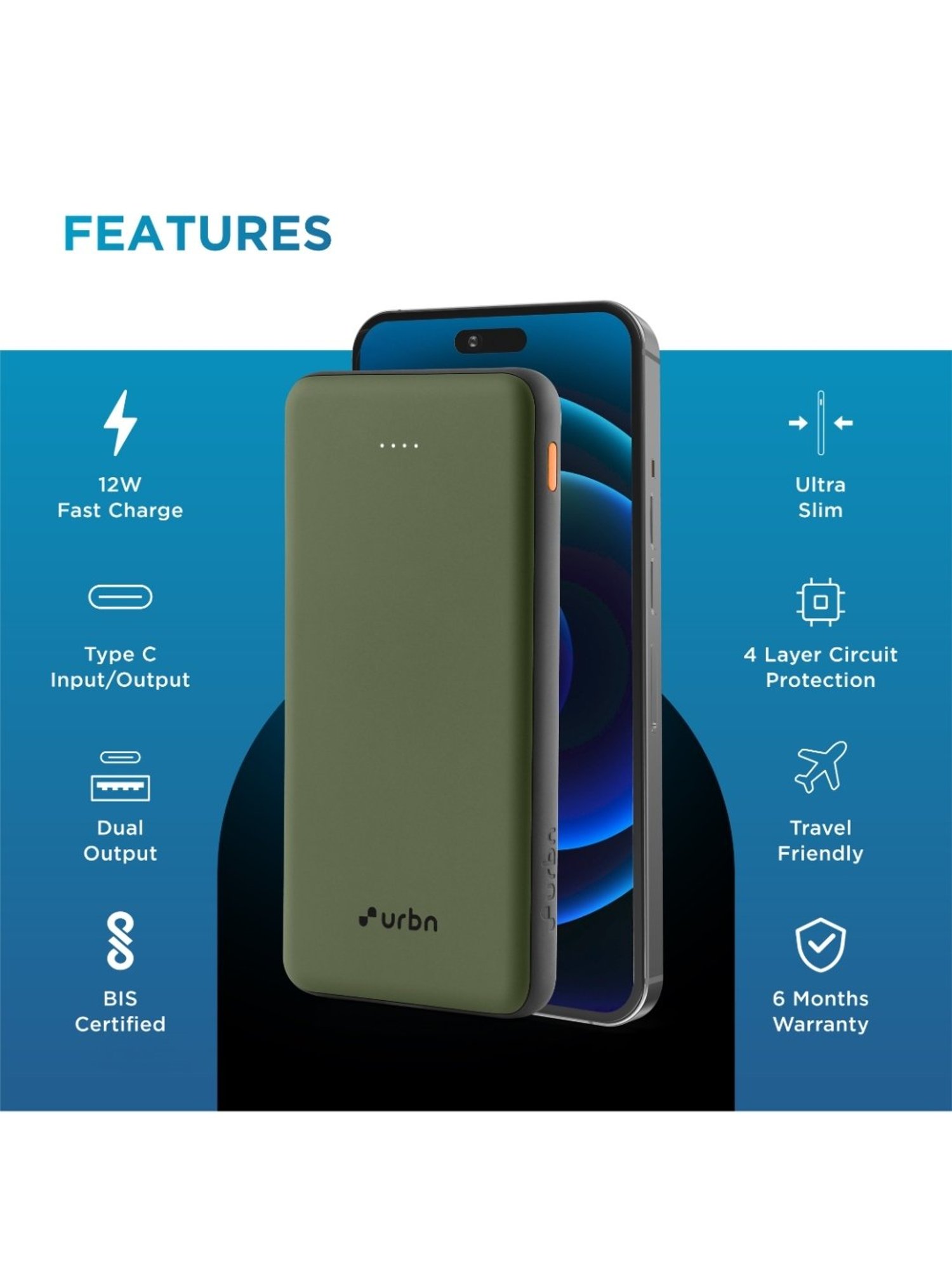 URBN 10000 mAh Ultra Slim 12W Power Bank with Type C Input-Output (Camo)